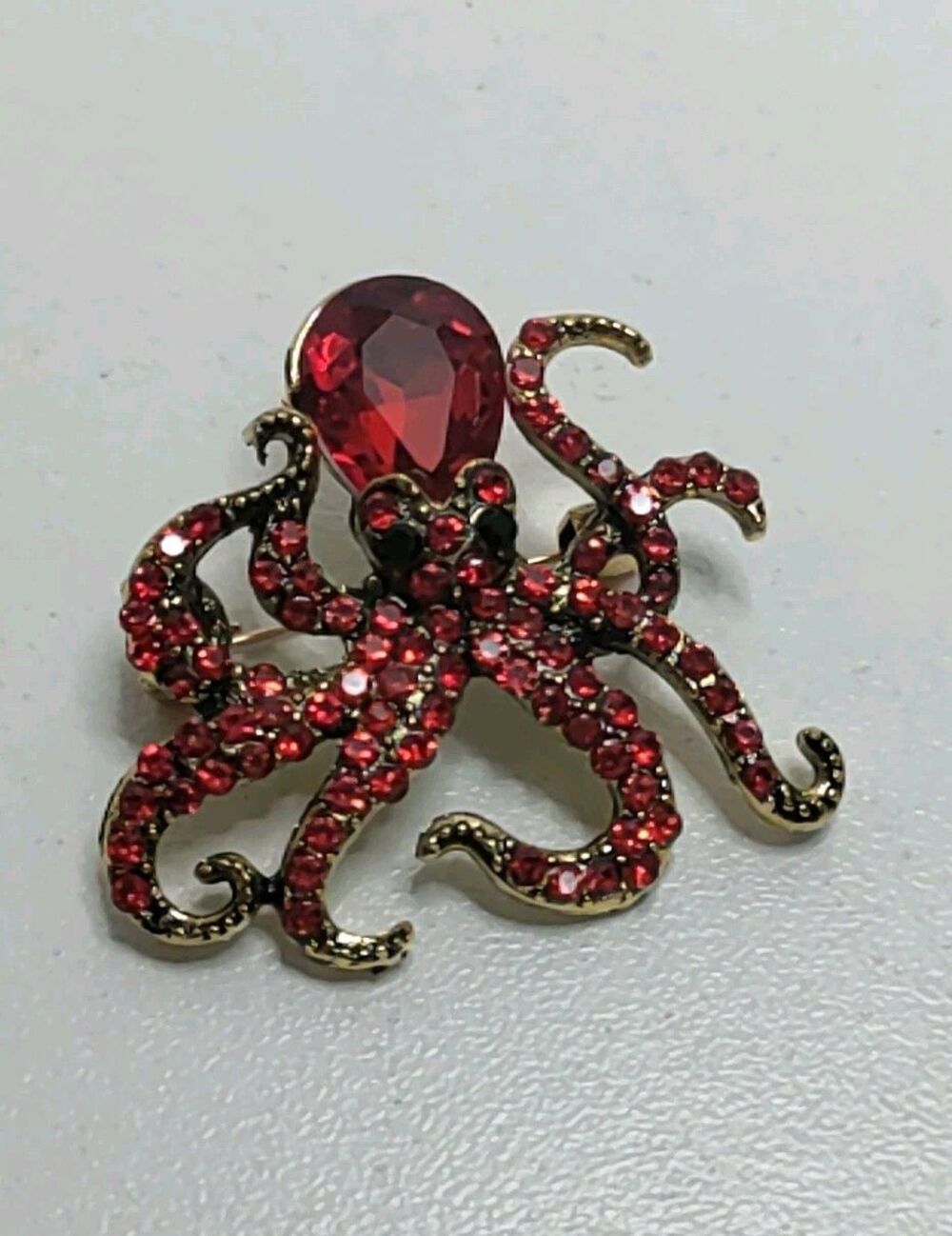 gold Tone With Red Rhinestones Sea Life Octopus Pendant Brooch/ Pin
